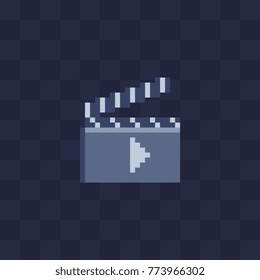 Clapperboard pixel art flat icon. Gallery of films. Movie, cinema logo. Design for websites and mobile apps. 8-bit. Isolated vector illustration. 