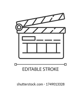 Clapperboard pixel perfect linear icon. Filmmaking industry. Video and TV production. Thin line customizable illustration. Contour symbol. Vector isolated outline drawing. Editable stroke