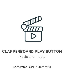 Clapperboard play button outline vector icon. Thin line black clapperboard play button icon, flat vector simple element illustration from editable music and media concept isolated on white background