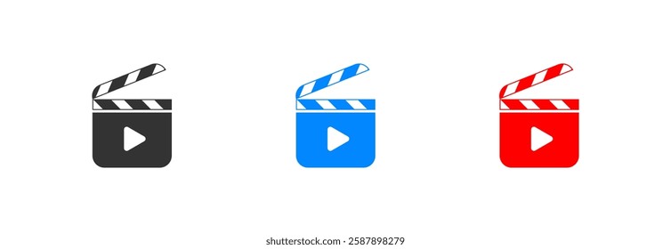 Clapperboard with play buttons set icon. Video film icons. Isolated vector