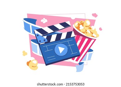 Clapperboard, popcorn bucket and filmstrip, film production vector illustration. Movie premiere show announcement flat style concept. Movie time