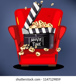 clapperboard with popcorn on movie sofa - vector illustration