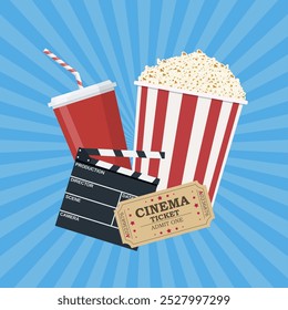 clapperboard and popcorn and ticket movie. Vector illustration in flat style