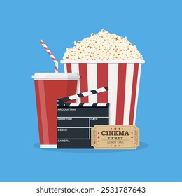 clapperboard and popcorn and ticket movie. Vector illustration in flat style