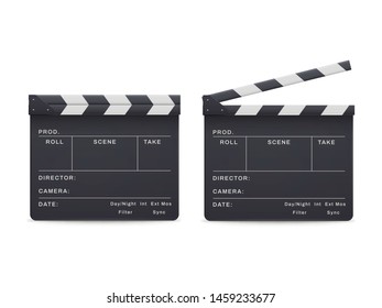 Clapperboard realistic style set, movie and cinema industry. Entertainment and filmmaking studio board. Vector open and closed clapperboard illustration