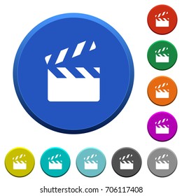 Clapperboard round color beveled buttons with smooth surfaces and flat white icons