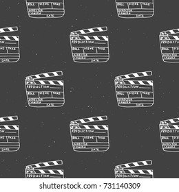 Clapperboard seamless pattern, vintage hand drawn sketch, retro movie industry, vector illustration.