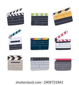 clapperboard set cartoon. clapper board, cinema film, clap video clapperboard sign. isolated symbol vector illustration