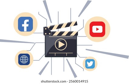 Clapperboard and social media icon for video marketing creative vector illustration