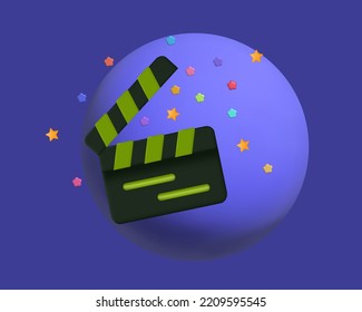 Clapperboard In Space 3d. Cinematography Clapper Board Start Icon, Filming New Movie, Series, Game. Watch Festive Opening Scene, Video. Shooting An Entertainment Program, TV, Bright Stars. Vector. 