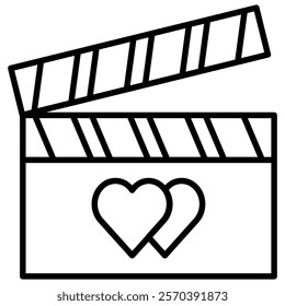 A clapperboard with two hearts line art icon illustration. Perfect for romantic movies, Valentine's Day, or any project related to love and cinema.