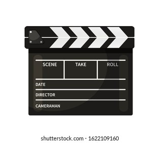 Clapperboard vector illustration. Black and white closed movie slate isolated clipart on white background. Cinematography and filmmaking equipment. Film clapper design element