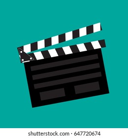 Clapperboard vector illustration isolated on blue color background, flat style clapperboard icon, filmmaking device, video movie clapper equipment