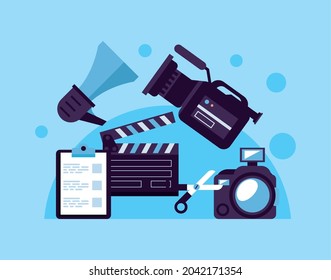 clapperboard with video production set icons