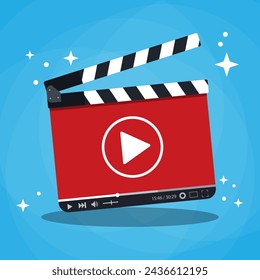 clapperboard with video web streaming player. vector illustration in flat style on blue background