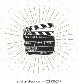 Clapperboard vintage label, Hand drawn sketch, grunge textured retro badge, typography design t-shirt print, vector illustration.