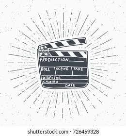 Clapperboard vintage label, Hand drawn sketch, grunge textured retro badge, typography design t-shirt print, vector illustration.