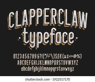 Clapperclaw alphabet font. Vintage narrow letters, numbers and symbols. Uppercase and lowercase. Stock vector typescript for your typography design.