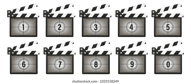 Clappers boards countdown over gray background. Film countdown set. Square counters with numbers in circles, vintage intro of movie, retro camera or projector timer. Vector illustration