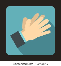 Clapping applauding hands icon in flat style on a baby blue background