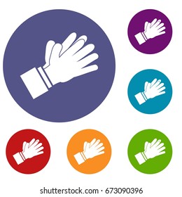 Clapping applauding hands icons set in flat circle reb, blue and green color for web