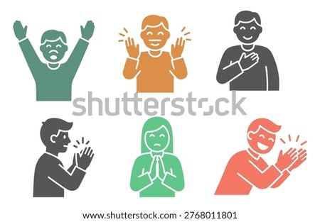 Clapping Emotions Icons. Solid, filled icon set of clapping emotions happiness, excitement, pride, admiration