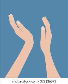 Clapping girl or woman hands held up raised isolated on blue background. Vector illustration