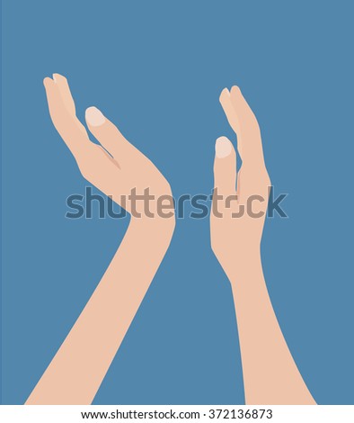 Clapping girl or woman hands held up raised isolated on blue background. Vector illustration