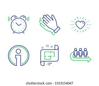 Clapping hands, Alarm clock and Info line icons set. Heart, Architectural plan and Queue signs. Clap, Time, Information. Love. Business set. Line clapping hands outline icons. Vector