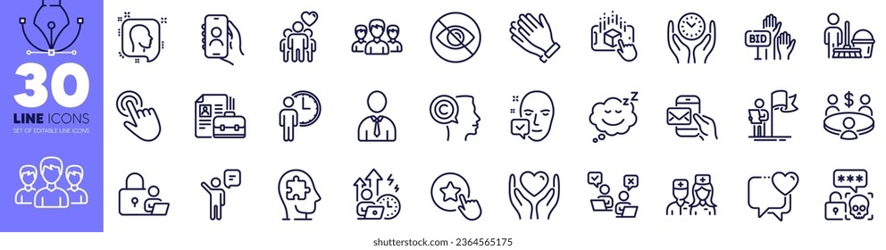 Clapping hands, Augmented reality and Leadership line icons pack. Difficult stress, Group, Doctor web icon. Friendship, Cyber attack, Human pictogram. Online voting, Vacancy, User call. Vector