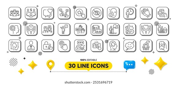 Clapping hands, Augmented reality and Leadership line icons pack. 3d design elements. Difficult stress, Group, Doctor web icon. Friendship, Cyber attack, Human pictogram. Vector