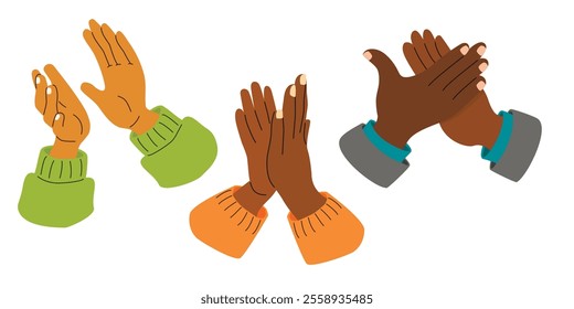 Clapping hands cartoon collection.Colorful designs set of applause isolated on white background.Human palms of different skin colors in gestures of approval.Vector flat style illustration.