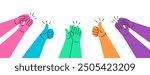 Clapping hands. Colorful doodle hands clapping and giving thumbs up, appreciation and approval concept. Applause claps for celebration of success hand drawn vector illustration.