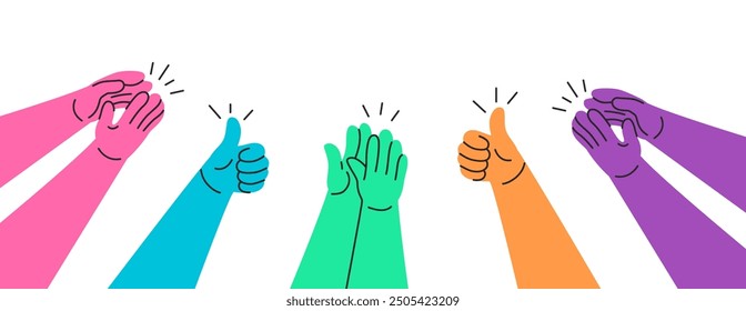 Clapping hands. Colorful doodle hands clapping and giving thumbs up, appreciation and approval concept. Applause claps for celebration of success hand drawn vector illustration.