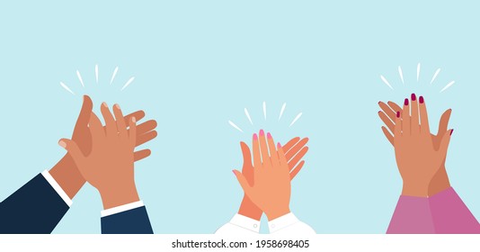 Clapping hands, different people applaud isolated on blue background. Female and male arms. Congratulation. Vector illustration in flat style.