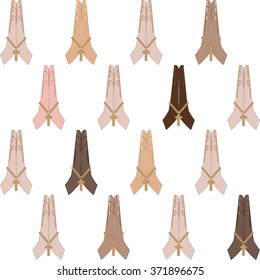 Clapping hands of different skin colors with cross- symbol of christian religion - seamless pattern 