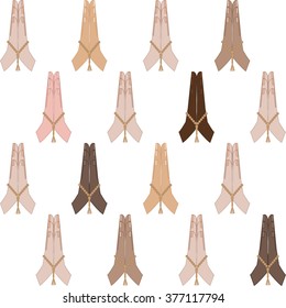 Clapping hands of different skin colors with rosary which is used in world's main religions -Judaism, Islam, Christianity and Buddhism - seamless pattern