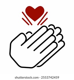 Clapping hands with emanating heart symbolize appreciation, love, and congratulations.  A simple, iconic gesture expressing positive emotions.