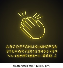 Clapping hands emoji neon light icon. Applause gesture. Congratulation. Glowing sign with alphabet, numbers and symbols. Vector isolated illustration