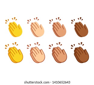 Clapping hands emoji set. Applause icons in two styles, line icon and flat cartoon color option. Different skin shades. Vector symbol set.