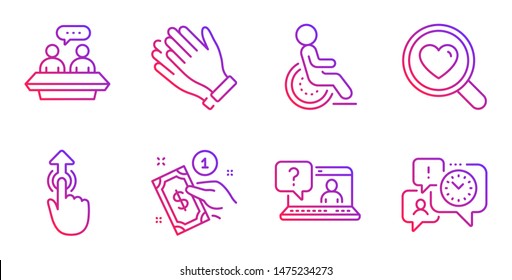 Clapping hands, Employees talk and Swipe up line icons set. Faq, Search love and Disability signs. Payment method, Time management symbols. Clap, Collaboration. People set. Vector