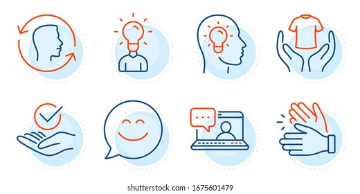 Clapping hands, Friends chat and Smile chat signs. Education, Face id and Idea head line icons set. Hold t-shirt, Approved symbols. Human idea, Identification system. People set. Vector