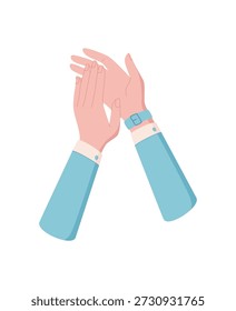 Gesto de bater palmas em um estilo gráfico de desenho animado plano. Mãos levantadas expressam aplausos e celebração. Símbolo colorido de emoções felizes, parabéns e apreciação com design criativo.