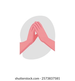 Clapping hands gesture flat vector icon. Cartoon hands applauds, bravo palm clap, ovation. Arm sign of encouragement, support and appreciation. Folded prayer hands on decorative grey background