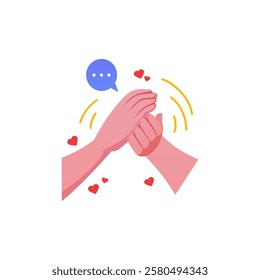 Clapping hands gesture with round dialog box and hearts. Social interaction. Positive communication. Positive ovation. Applause. Flat style vector illustration on isolated background.