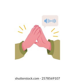 Clapping hands gesture and voice message icon. Cartoon vector hands applauds green sleeve. Ovation arm sign of encouragement, support, appreciation. Congratulation excitement arm symbol and sound sign