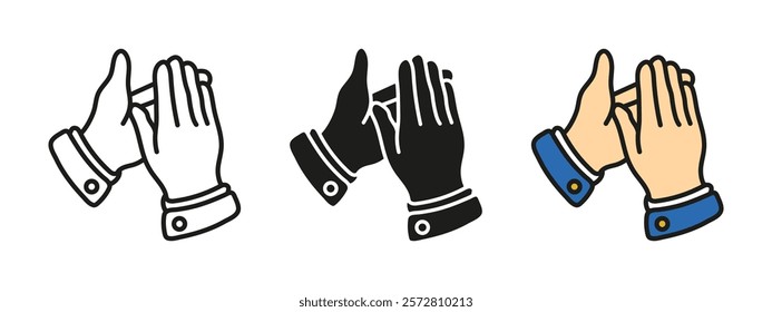 Clapping hands icon. Applause hand gesture vector illustration. Cheering symbol. Appreciation pictogram. Hands clapping isolated concept in three different styles. Outline, black and colored hands.