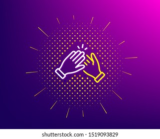 Clapping hands line icon. Halftone pattern. Clap sign. Victory gesture symbol. Gradient background. Clapping hands line icon. Yellow halftone pattern. Vector