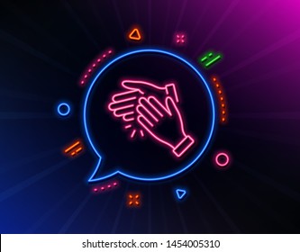 Clapping hands line icon. Neon laser lights. Clap sign. Victory gesture symbol. Glow laser speech bubble. Neon lights chat bubble. Banner badge with clapping hands icon. Vector