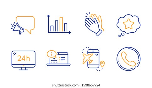 Clapping hands, Loyalty star and Online documentation line icons set. Diagram graph, Megaphone and 24h service signs. Flight destination, Call center symbols. Clap, Bonus reward. Vector